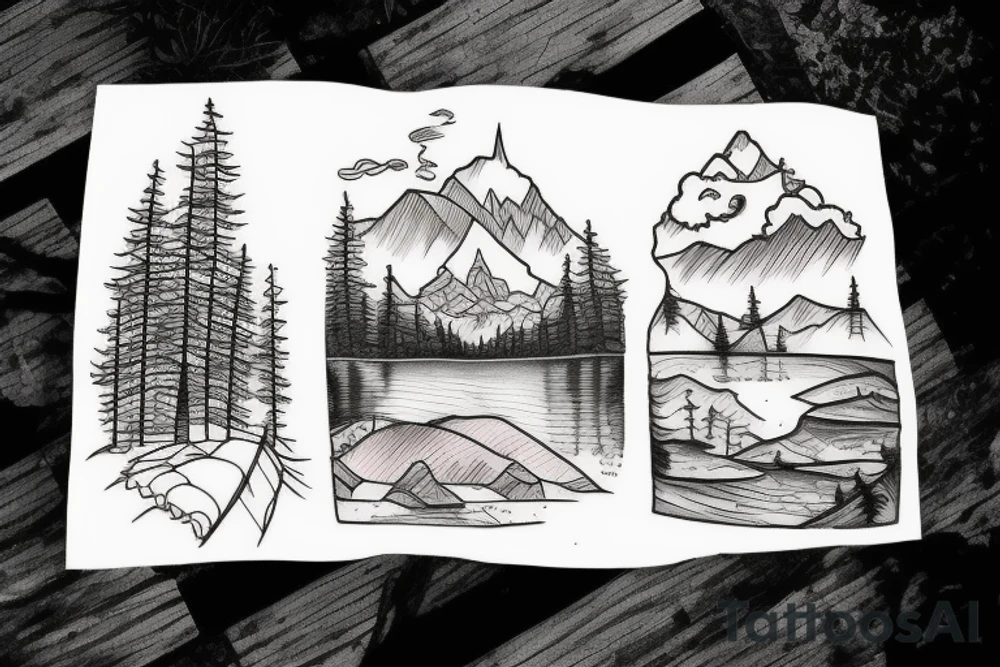 A cabin with a lake and trees tattoo idea