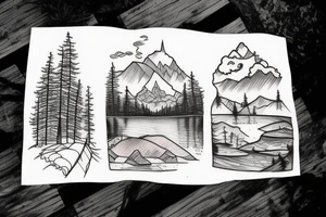 A cabin with a lake and trees tattoo idea