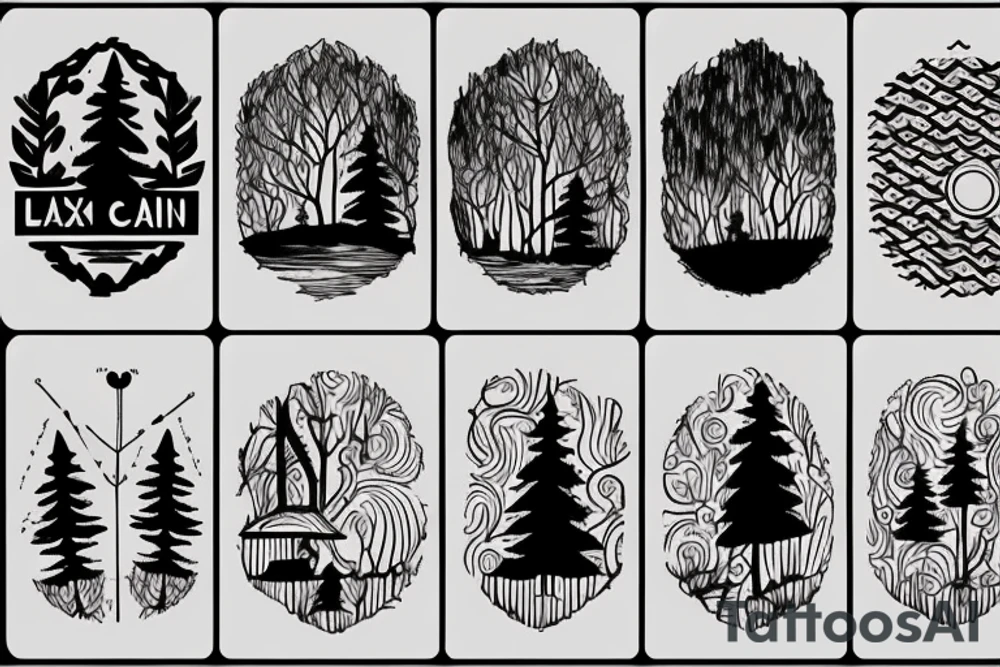 A cabin with a lake and trees tattoo idea