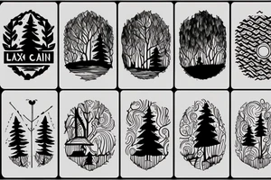 A cabin with a lake and trees tattoo idea