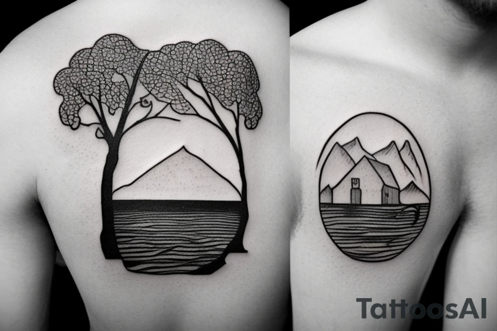 A cabin with a lake and trees tattoo idea
