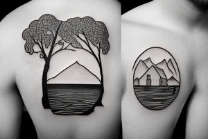 A cabin with a lake and trees tattoo idea