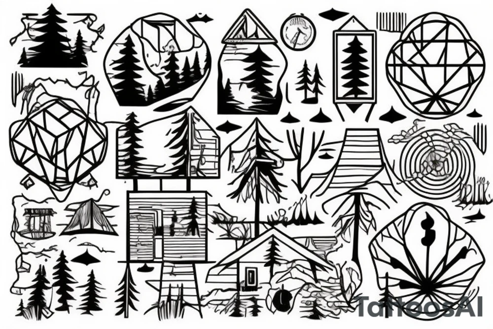 A cabin with a lake and trees tattoo idea