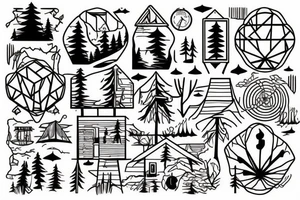A cabin with a lake and trees tattoo idea