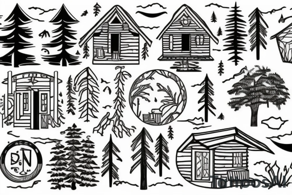 A cabin with a lake and trees tattoo idea