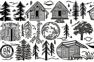A cabin with a lake and trees tattoo idea
