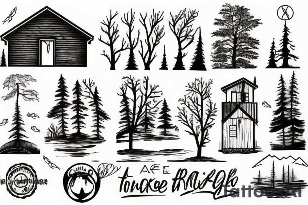 A cabin with a lake and trees tattoo idea