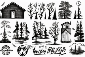 A cabin with a lake and trees tattoo idea