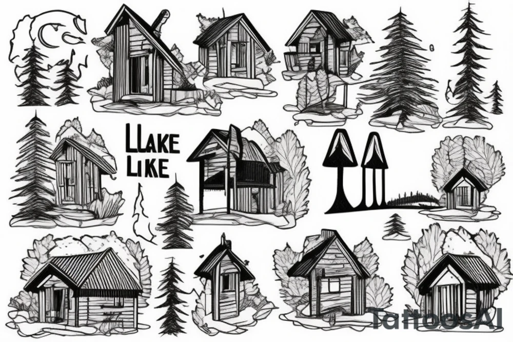 A cabin with a lake and trees tattoo idea