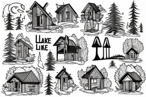 A cabin with a lake and trees tattoo idea