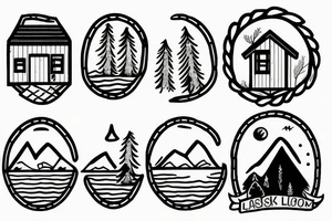 A basic cabin with a lake and trees tattoo idea