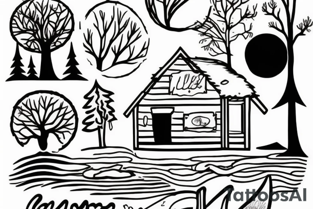 A basic cabin with a lake and trees tattoo idea A basic cabin with a lake and trees tattoo idea