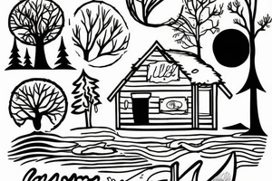A basic cabin with a lake and trees tattoo idea