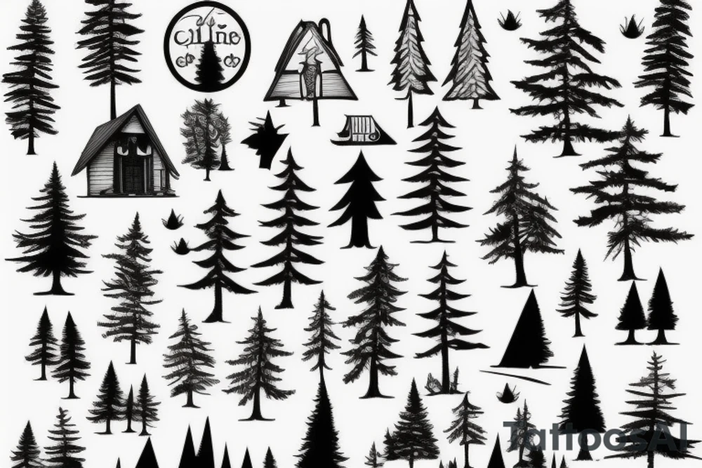 fine line trees and cabin tattoo idea