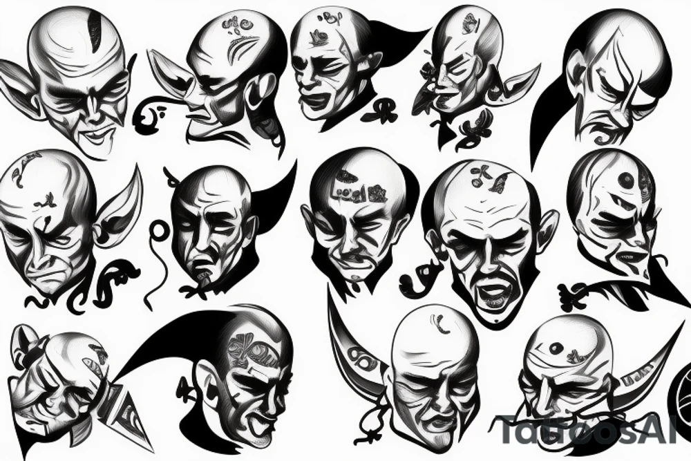 Lside profile of bald gangster demon with small devil horns tattoo idea