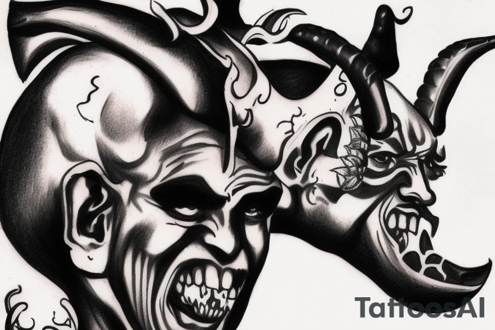 Side profile of realism bald gangster demon with small devil horns tattoo idea