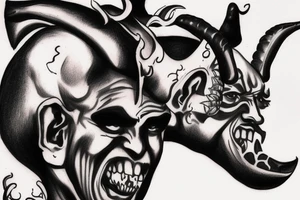 Side profile of realism bald gangster demon with small devil horns tattoo idea
