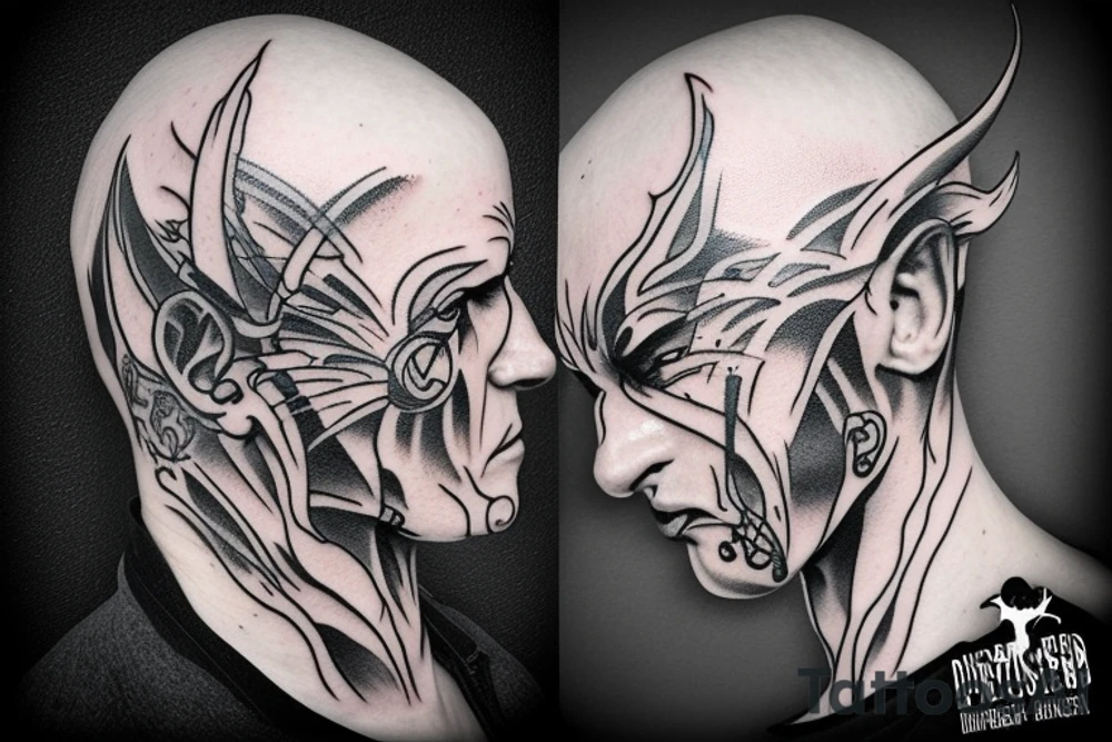 Side profile of realism bald gangster demon with small devil horns tattoo idea