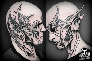 Side profile of realism bald gangster demon with small devil horns tattoo idea