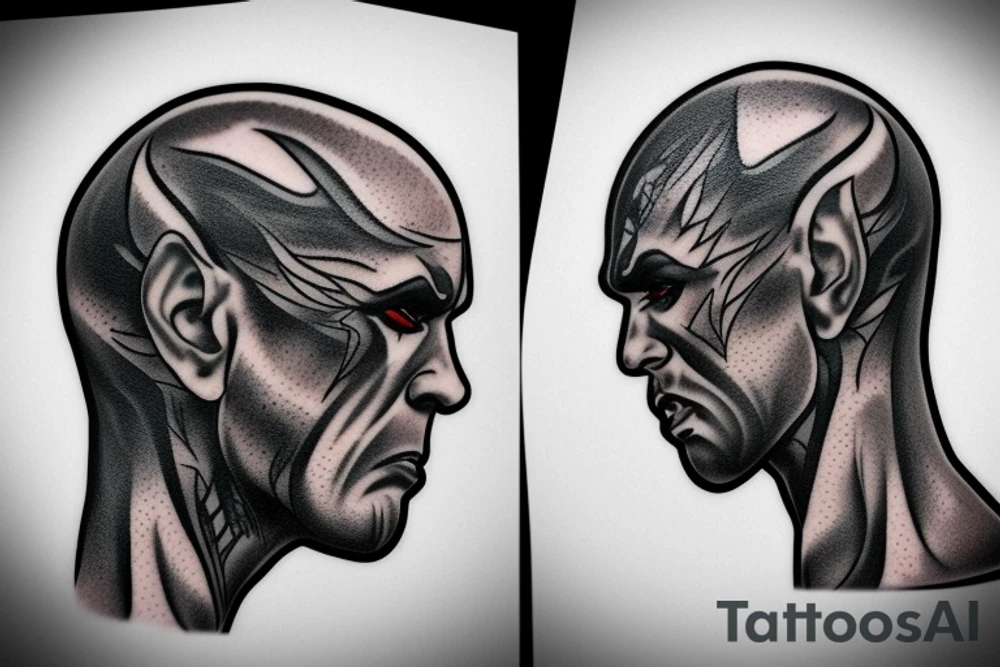 Side profile of realism bald gangster demon with small devil horns tattoo idea
