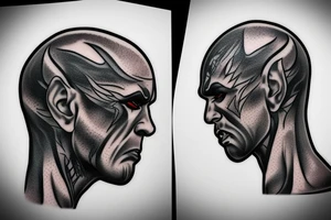 Side profile of realism bald gangster demon with small devil horns tattoo idea