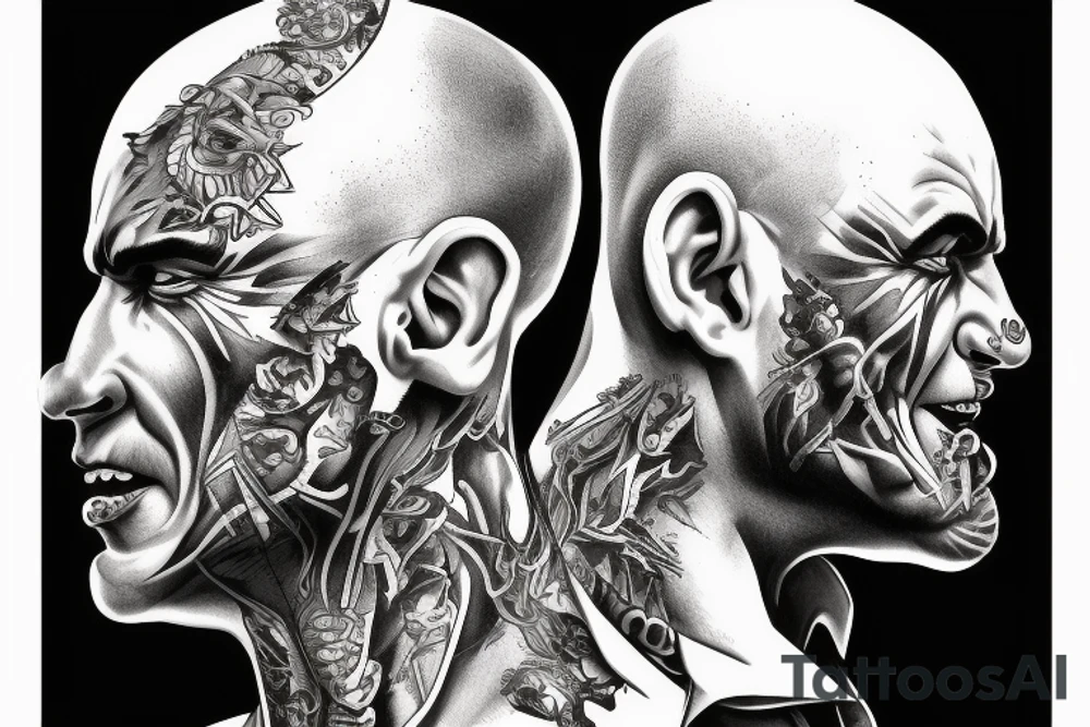 Side profile of realism bald gangster demon with small devil horns tattoo idea