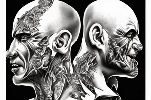 Side profile of realism bald gangster demon with small devil horns tattoo idea