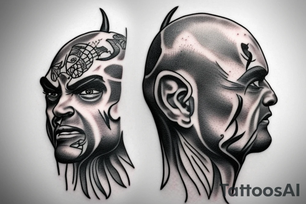 Side profile of realism bald gangster demon with small devil horns tattoo idea