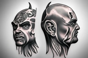 Side profile of realism bald gangster demon with small devil horns tattoo idea