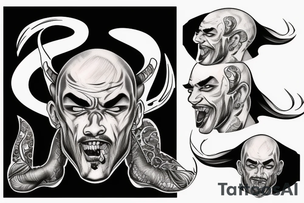 Side profile of realism bald gangster demon with small devil horns tattoo idea