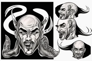 Side profile of realism bald gangster demon with small devil horns tattoo idea