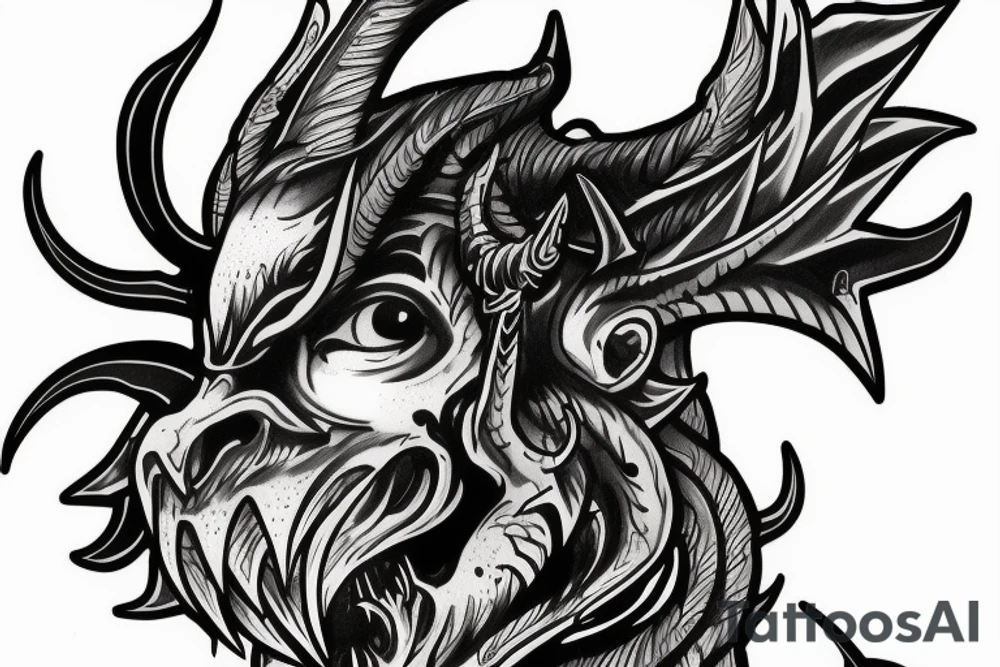 Side profile of devil head with horns whispering in someone’s ear tattoo idea