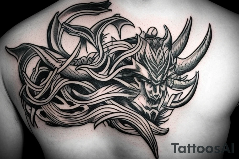 Side profile of devil head with horns whispering in someone’s ear tattoo idea