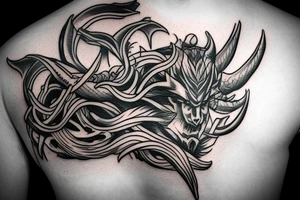 Side profile of devil head with horns whispering in someone’s ear tattoo idea
