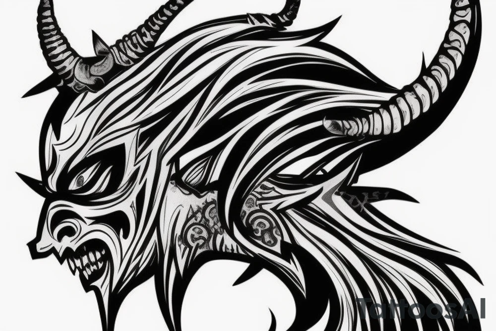 Side profile of demon head with horns whispering in someone’s ear tattoo idea