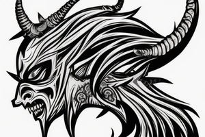 Side profile of demon head with horns whispering in someone’s ear tattoo idea