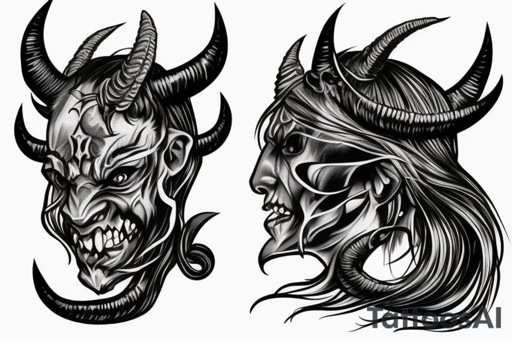 Side profile of demon head with horns whispering in someone’s ear tattoo idea