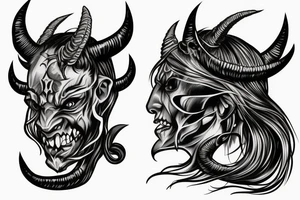 Side profile of demon head with horns whispering in someone’s ear tattoo idea