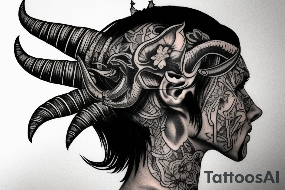 Side profile of demon head with horns whispering in someone’s ear tattoo idea