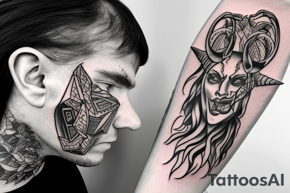 Side profile of demon head with horns whispering in someone’s ear tattoo idea