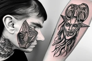 Side profile of demon head with horns whispering in someone’s ear tattoo idea