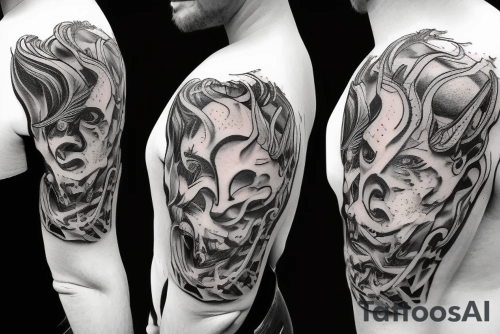 Side profile of demon head with horns whispering in someone’s ear tattoo idea