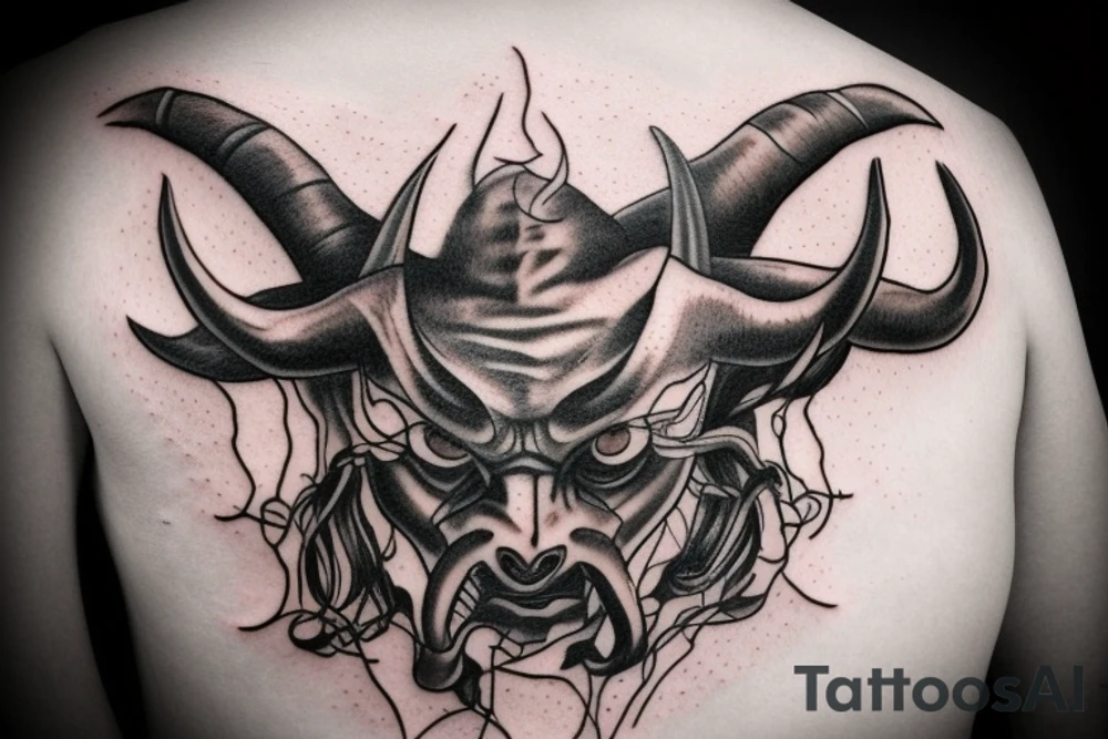 Side profile of demon head with horns whispering in someone’s ear tattoo idea