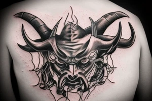 Side profile of demon head with horns whispering in someone’s ear tattoo idea
