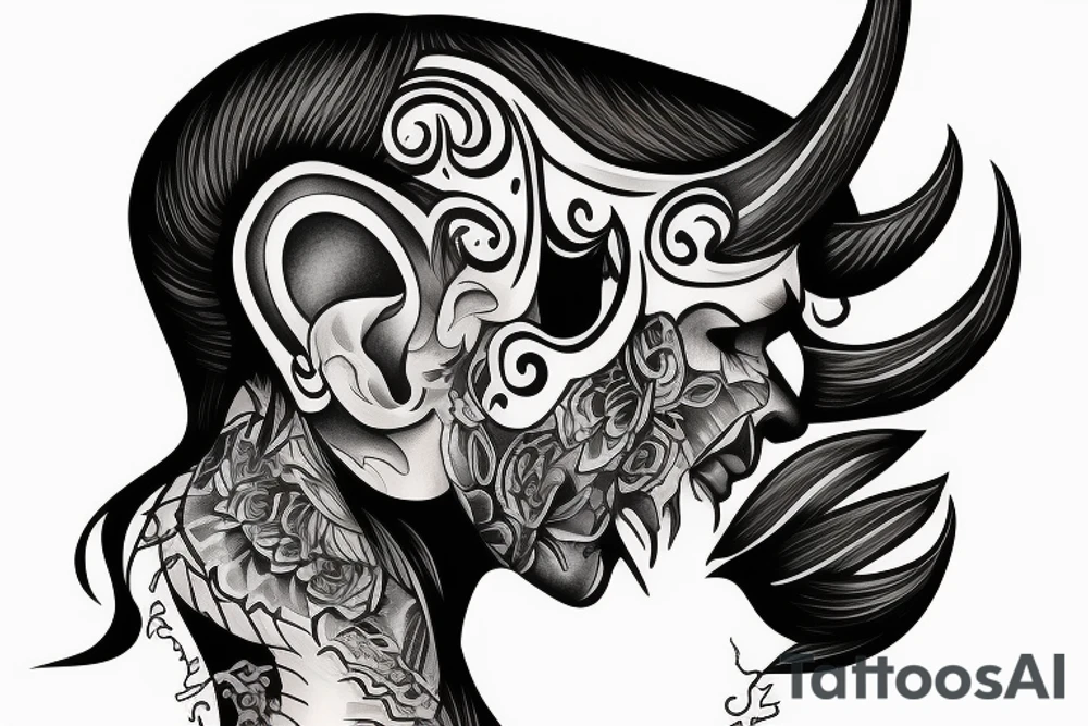 Side profile of demon head with horns whispering in someone’s ear tattoo idea
