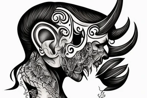 Side profile of demon head with horns whispering in someone’s ear tattoo idea