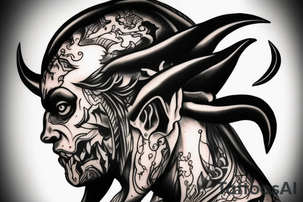Side profile of demon head with horns whispering in someone’s ear tattoo idea