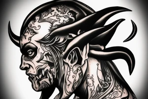 Side profile of demon head with horns whispering in someone’s ear tattoo idea