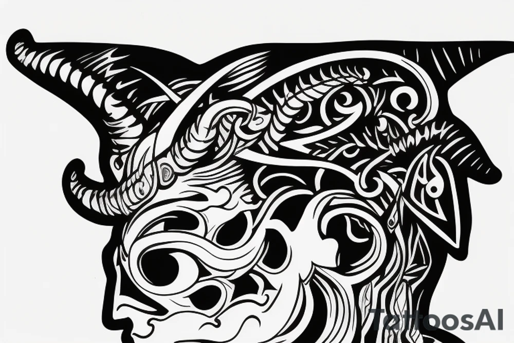 Side profile of demon head with horns whispering in someone’s ear tattoo idea