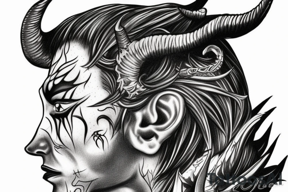Side profile of demon head with horns whispering in someone’s ear tattoo idea